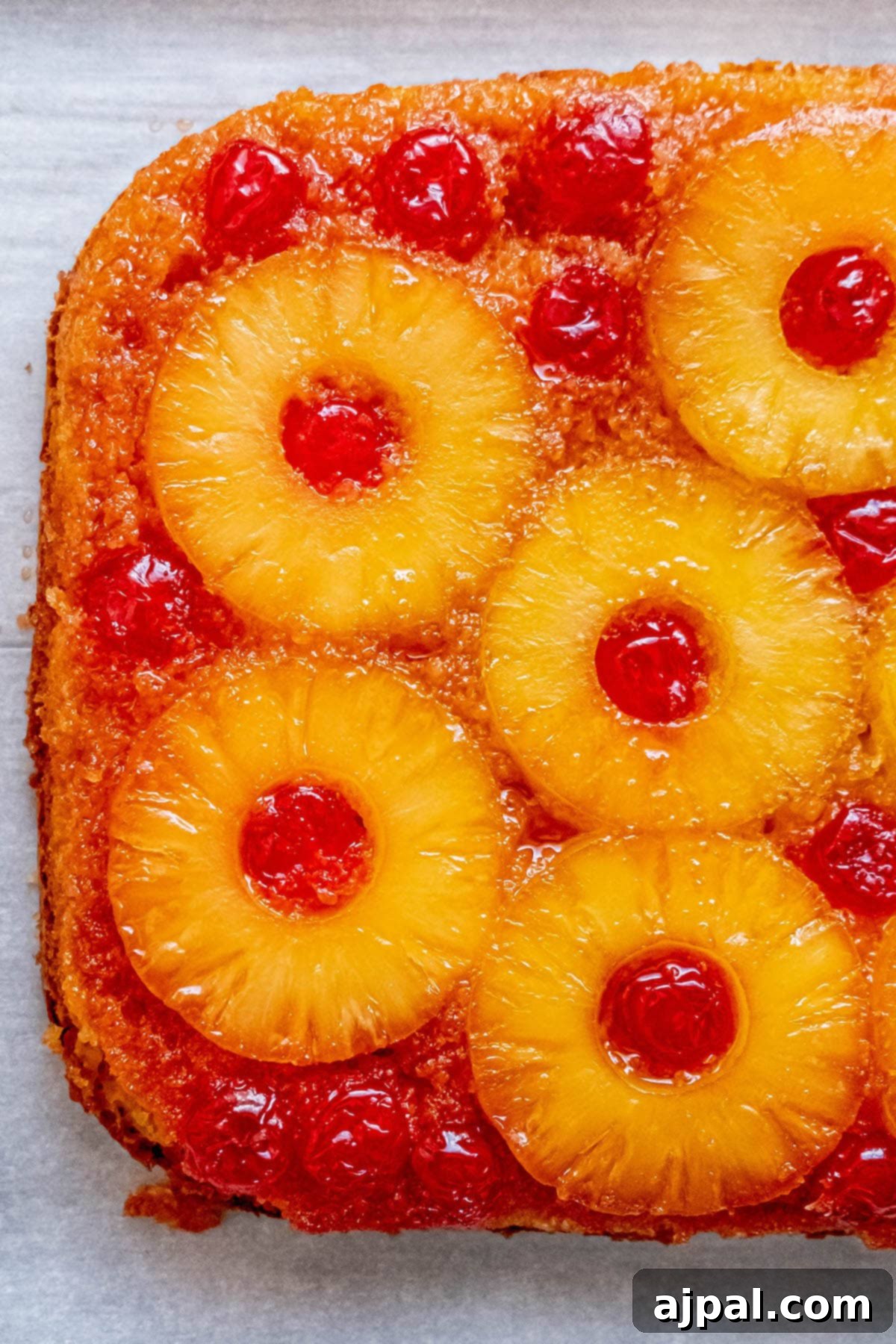 Caramelized Pineapple Bliss 12 picture of pineapple upside down cake with a pineapples and maraschino cherries baked onto the top