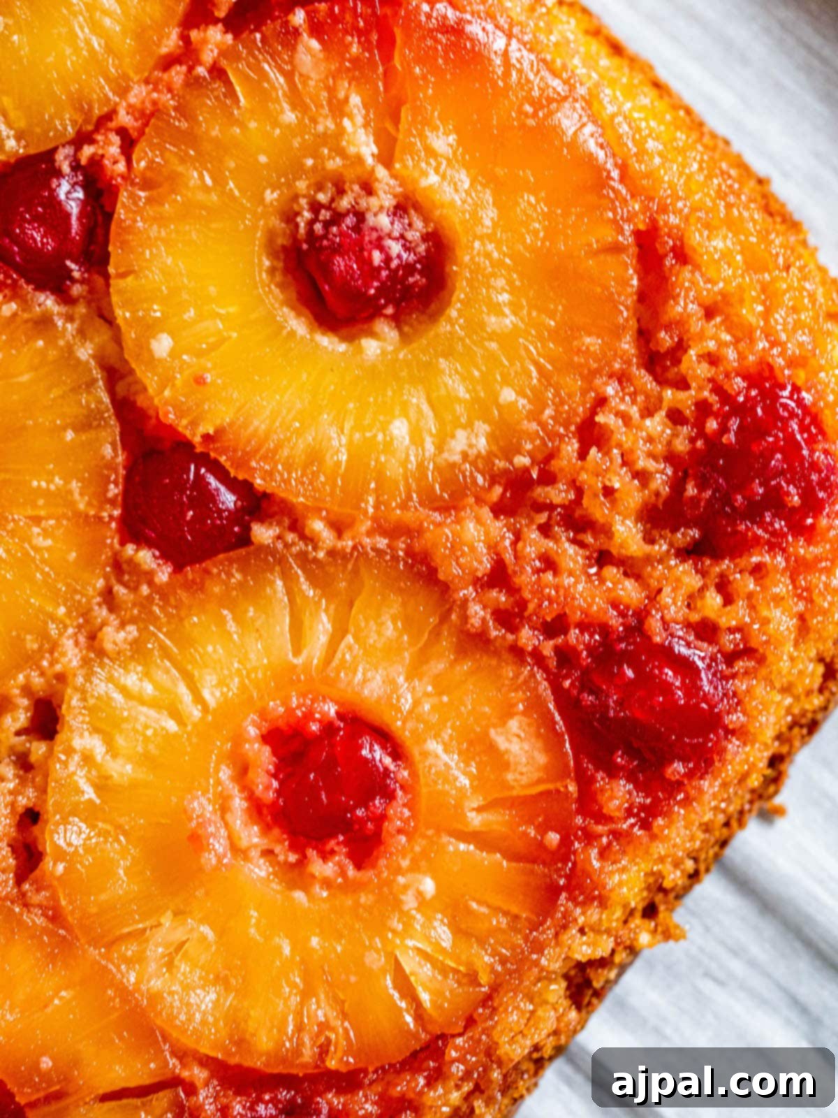 Caramelized Pineapple Bliss 4 picture of pineapple upside down cake with a pineapples and maraschino cherries baked onto the top