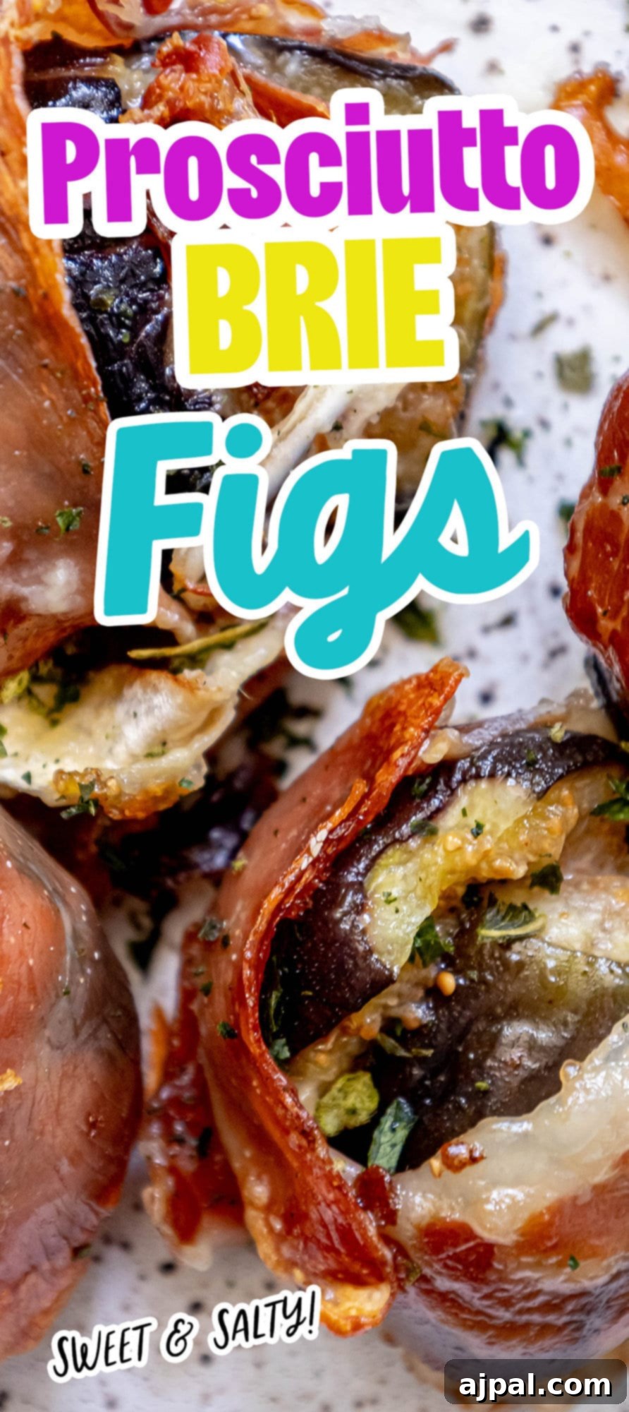 Gourmet Fig, Prosciutto, and Brie Bites 12 Fig stuffed with brie and wrapped in prosciutto on a plate with fresh chives, ready to be served