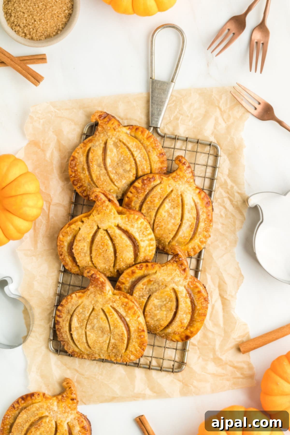 Autumn Pumpkin Pockets 2 Freshly baked pumpkin-shaped hand pies cooling on a wire rack, with cinnamon sticks scattered nearby, evoking autumn warmth.
