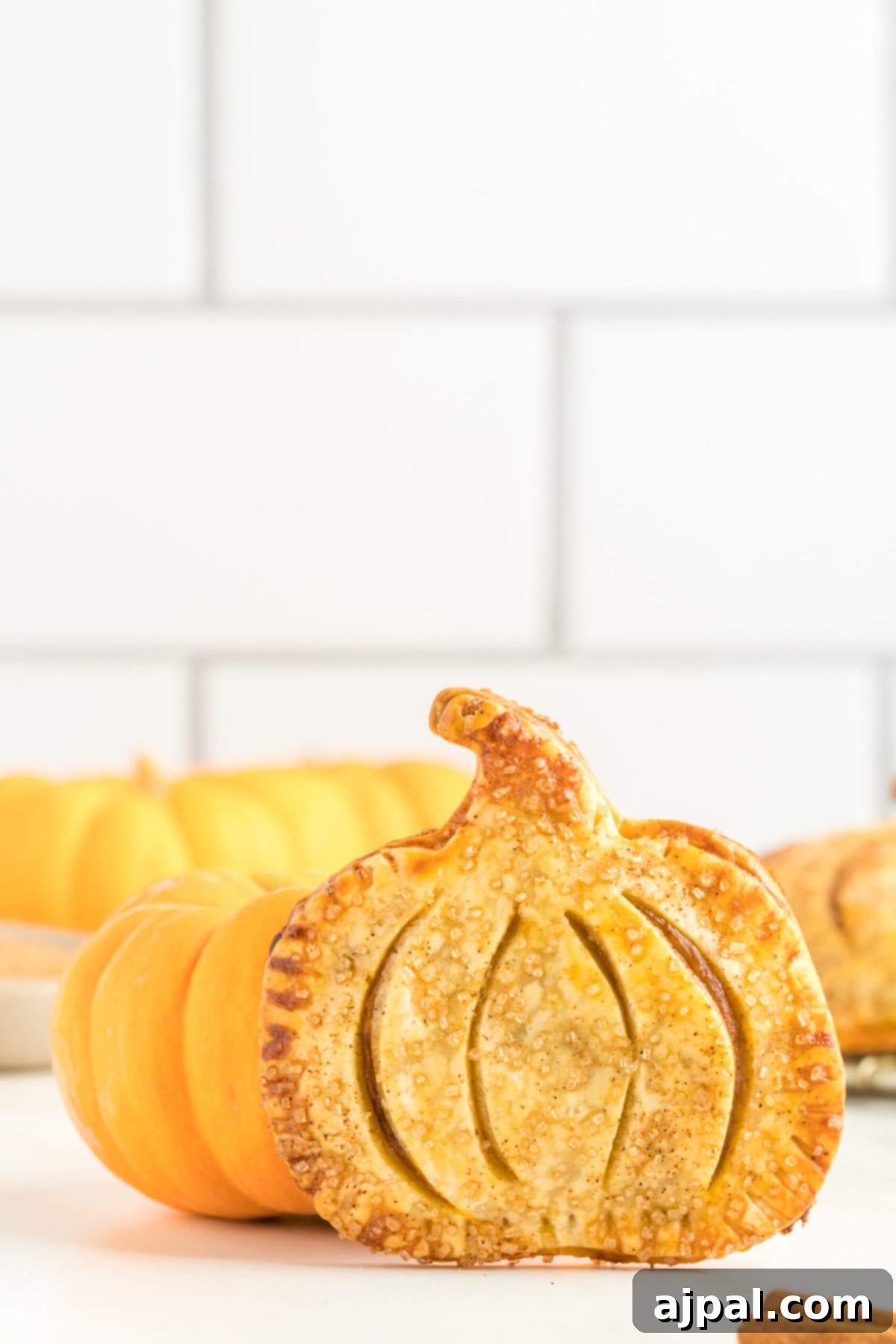 Autumn Pumpkin Pockets 13 Beautifully baked pumpkin-shaped hand pies displayed on a pristine white table, ready to be enjoyed.