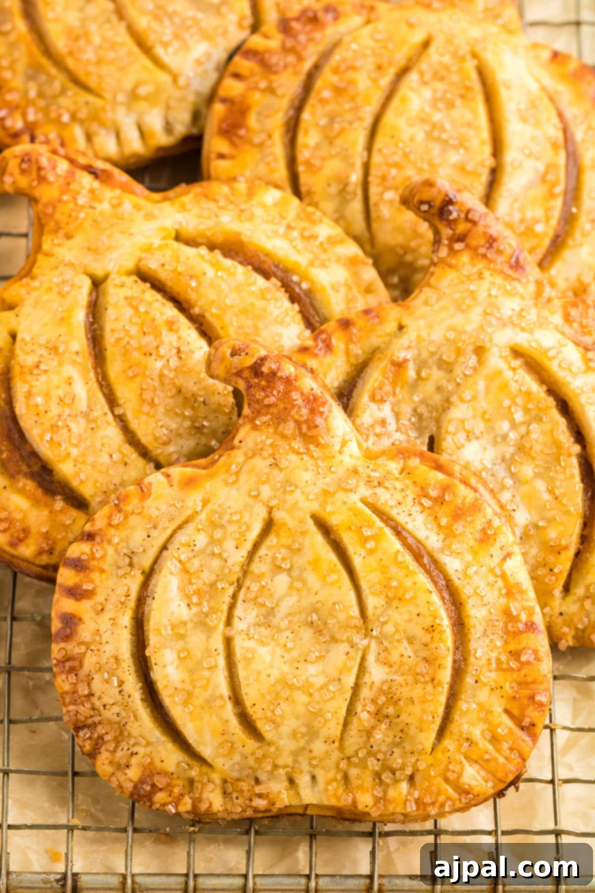 Autumn Pumpkin Pockets 3 Several golden brown pumpkin-shaped hand pies resting on a cooling rack, ready to be enjoyed.