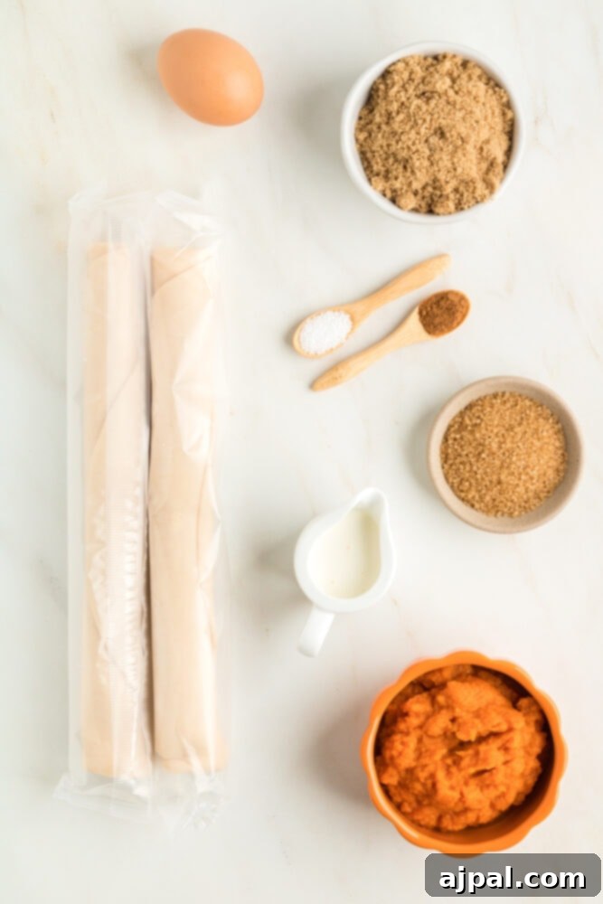 Autumn Pumpkin Pockets 5 Various ingredients for pumpkin hand pies laid out: pastry dough, pumpkin puree, milk, brown sugar, and a selection of spices.