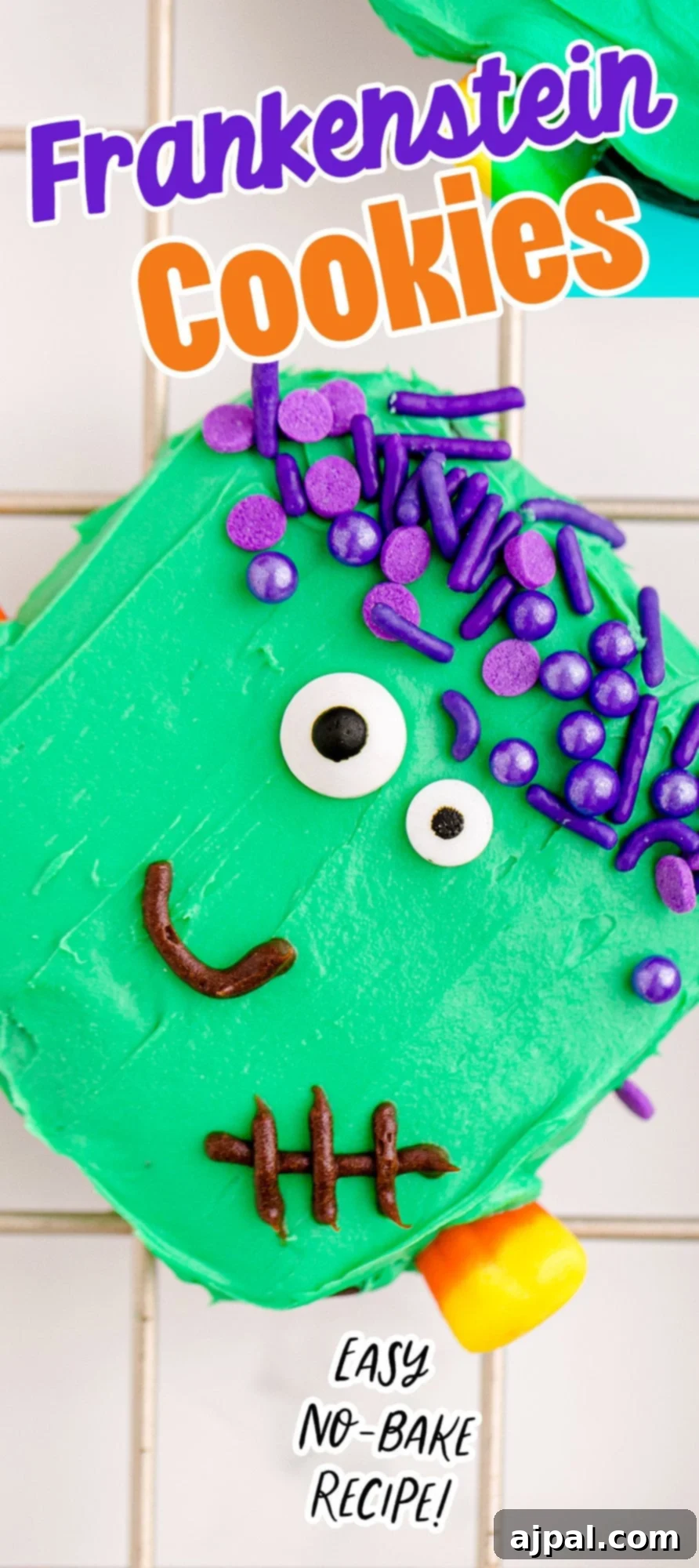Frankenstein Cookies 7 An inviting display of Frankenstein monster cookies, creatively decorated with green frosting, sprinkles, and candy accents, arranged on a cooling rack for visual appeal.