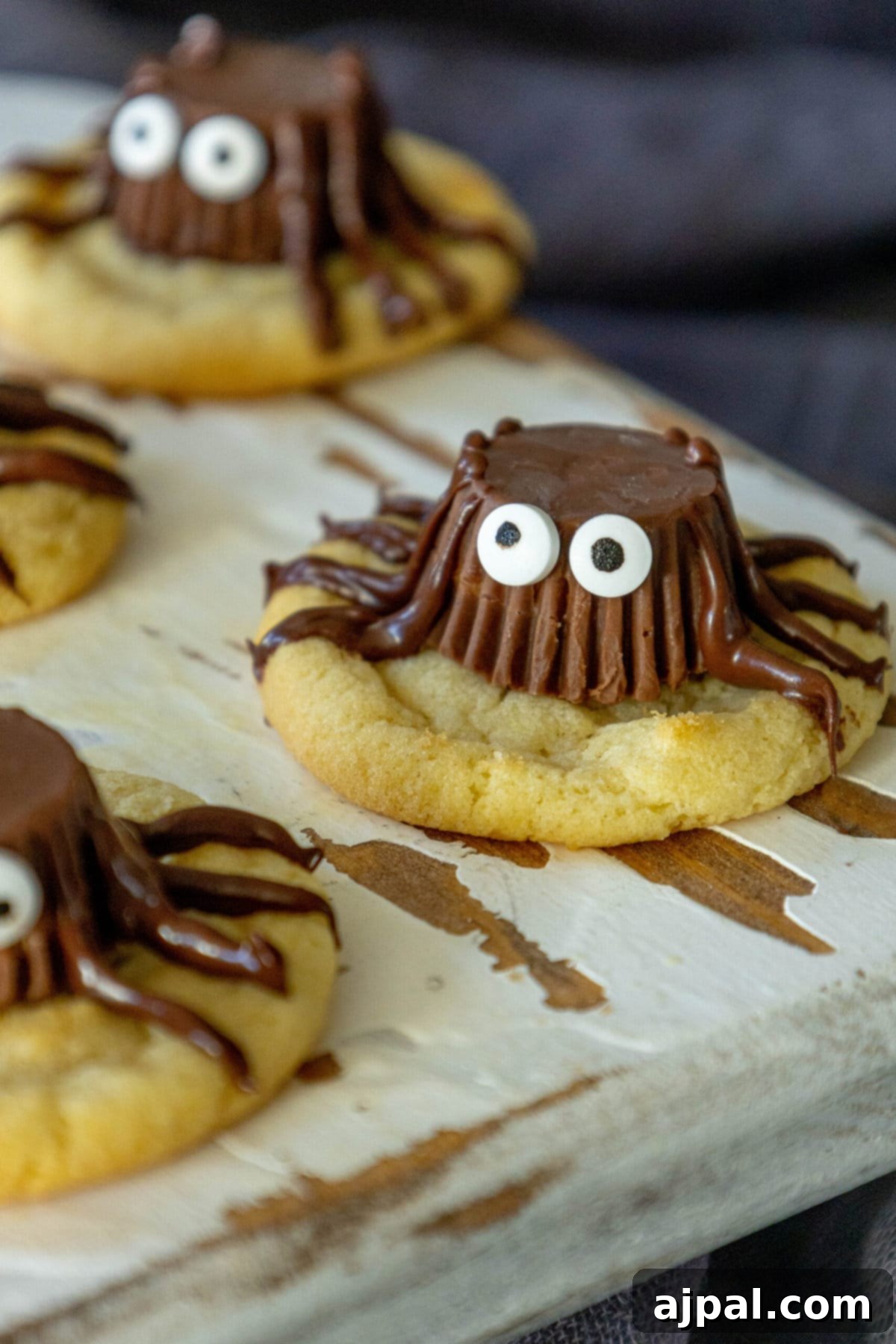 Spooky Spider Cookies 4 Close-up of a festive Halloween spider cookie with chocolate details, resting on a wooden cutting board.