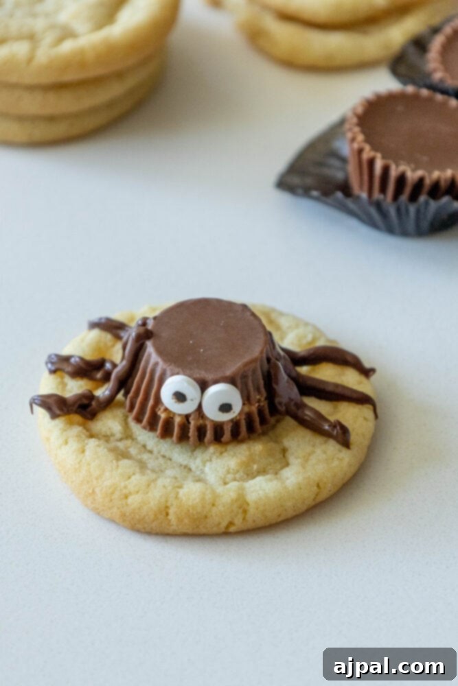 Spooky Spider Cookies 8 A completed chocolate spider cookie, with its chocolate legs piped onto the sugar cookie base.