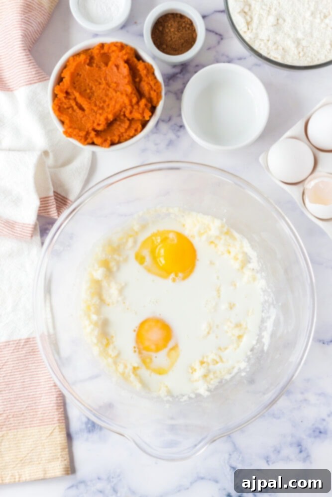 picture of flour, eggs in a bowl 