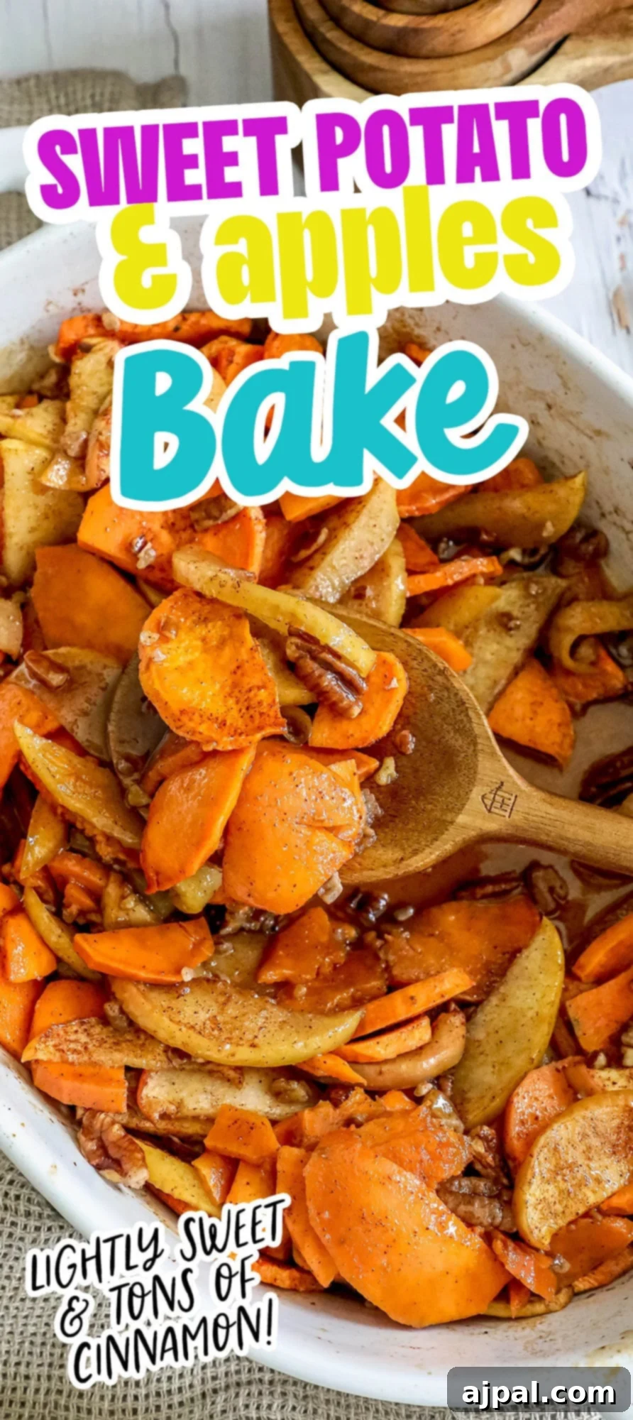 Cinnamon Sweet Potato and Apple Bake in a white rectangular dish, perfectly golden and garnished.