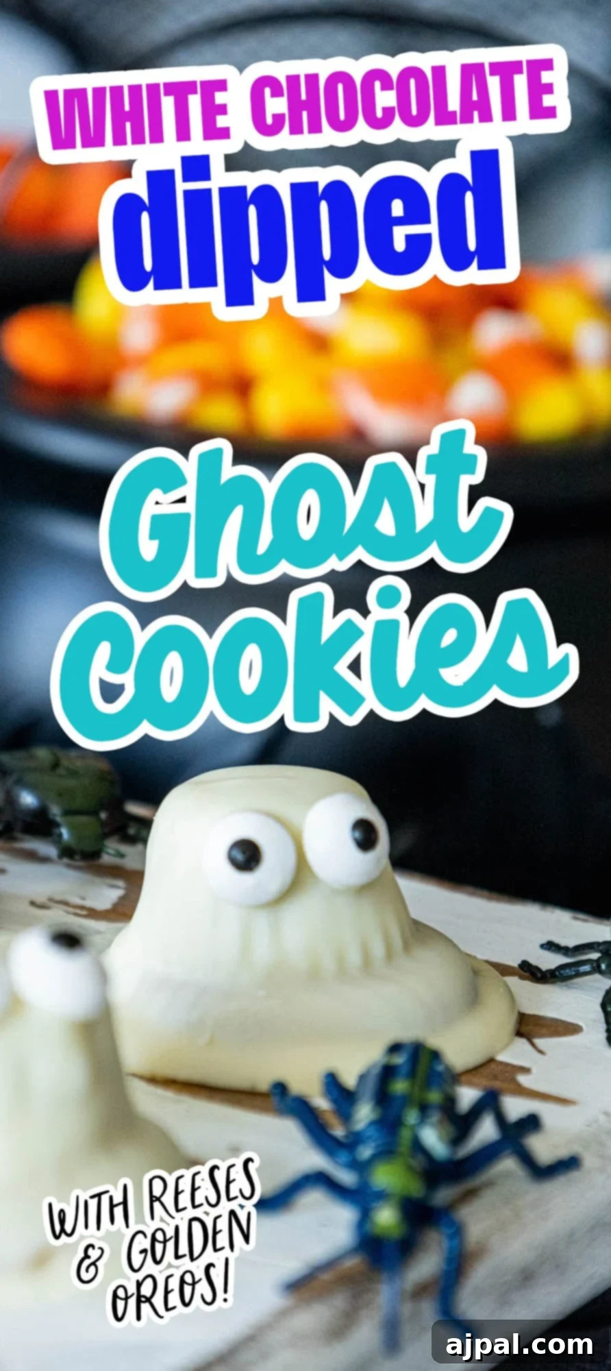 Cookies dipped in white chocolate with candy eyes to look like ghosts.