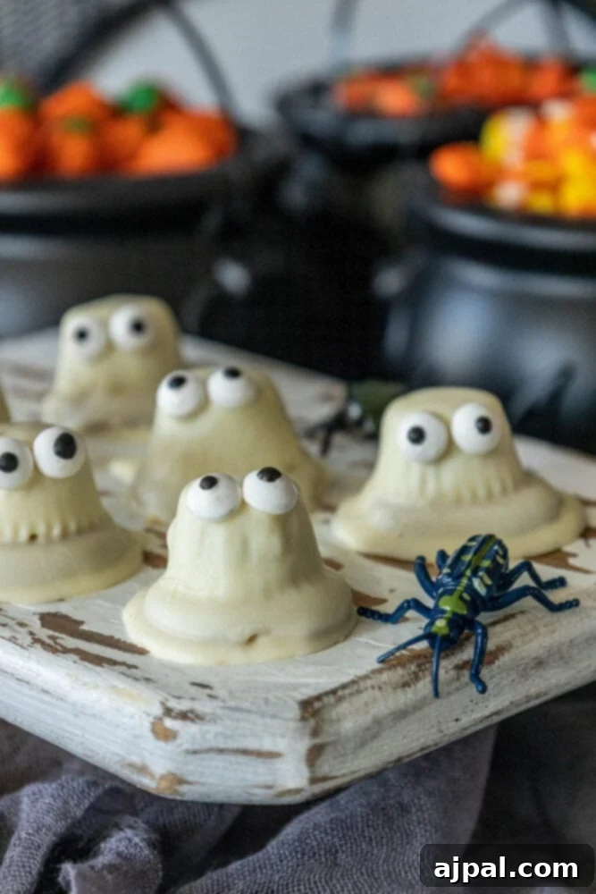 Halloween cupcakes with eyes and white chocolate dipped ghost cookies on a tray.
