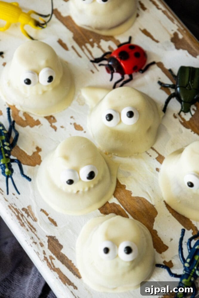 White chocolate dipped ghost cookies with eyes and insects on a wooden board.