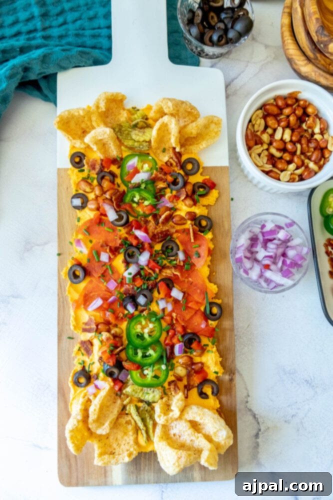 picture of pub cheese spread on a board covered with pork rinds, jalapenos, olives, bacon crumbles, peanuts, pimiento peppers, chives, red onion, and pepperoni