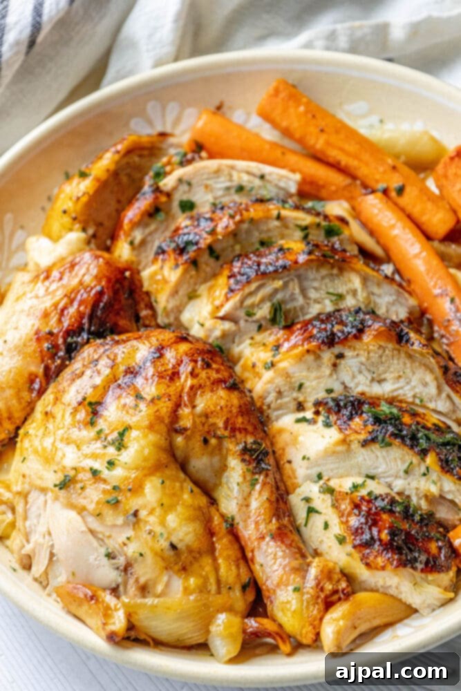 Effortless Perfect Roast Chicken 12 The Best Easy Roast Chicken with carrots on a plate.