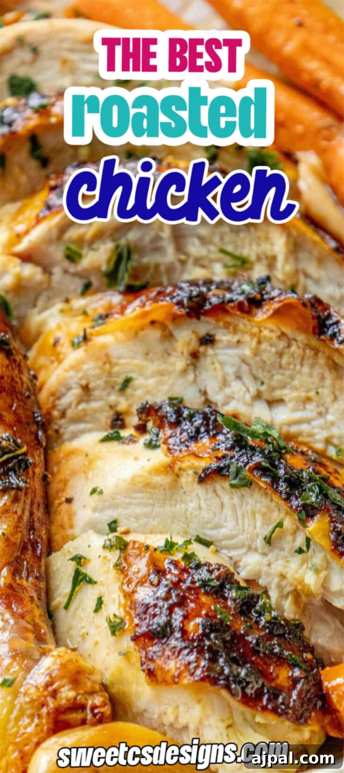Effortless Perfect Roast Chicken 14 Close-up of sliced roast chicken breast with herbs, featuring bold text labels that say