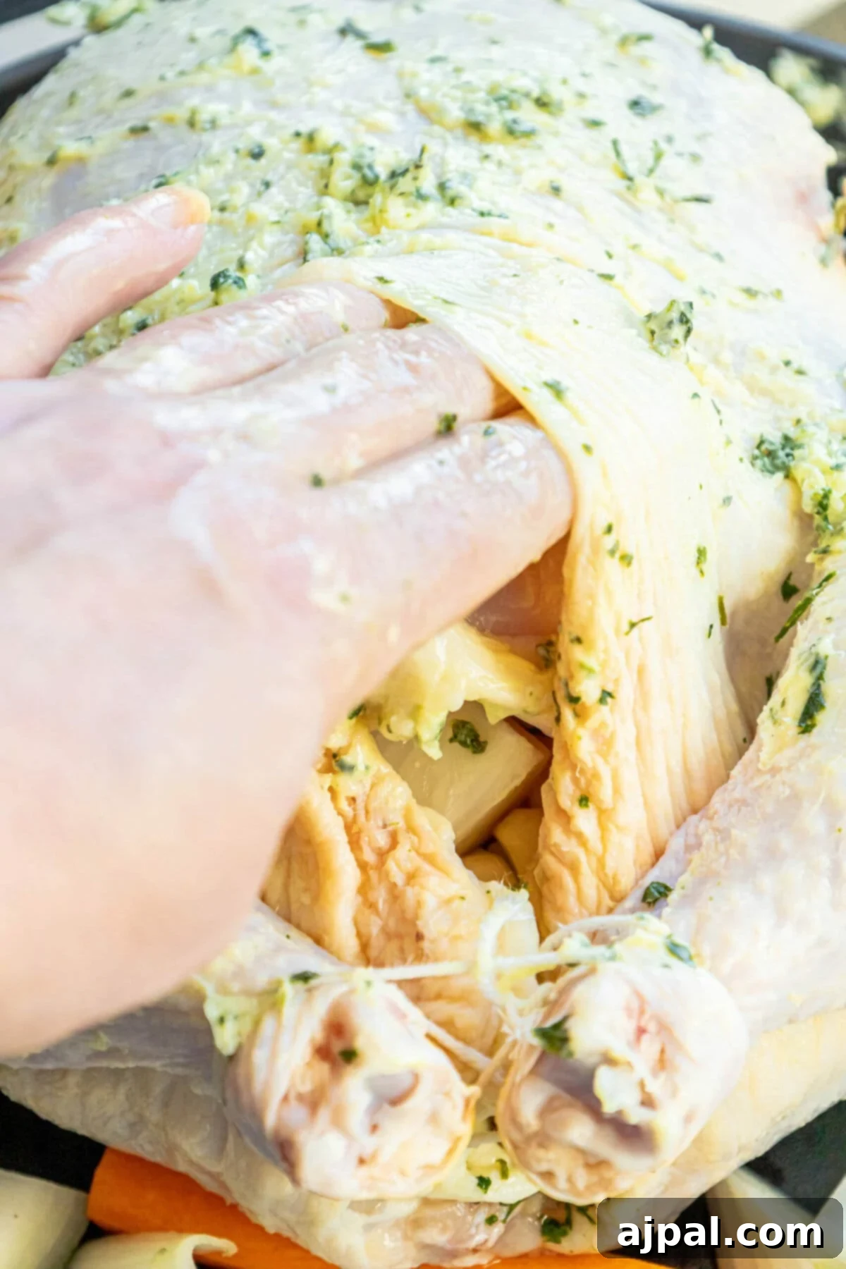 Foolproof & Delicious Roast Chicken 6 A person expertly lifting a beautifully seasoned whole chicken out of a roasting pan, ready for the oven, showcasing the meticulous preparation.