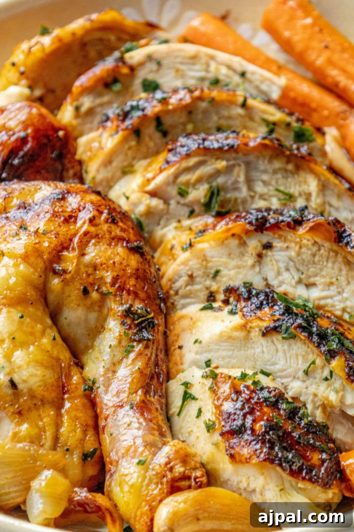Effortless Perfect Roast Chicken 9 Roasted chicken served with carrots and onions on a plate.