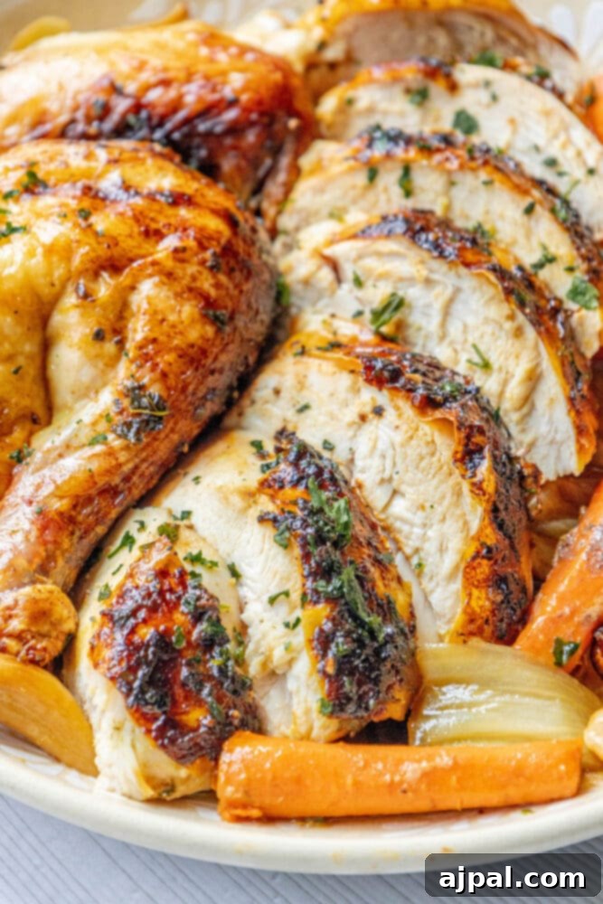 Effortless Perfect Roast Chicken 10 The Best Easy Roast Chicken with carrots and herbs on a plate.