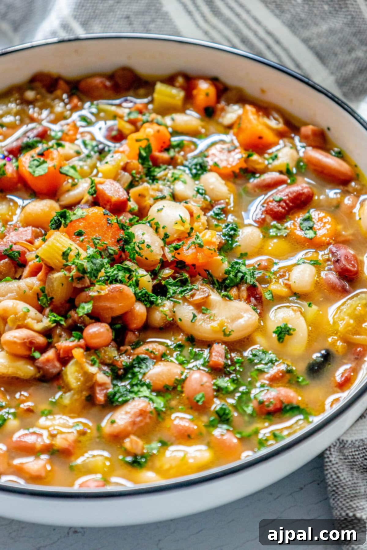 Smoked Ham and Bean Stew 12 picture of soup in a bowl with ham, beans, celery, and parsley on top