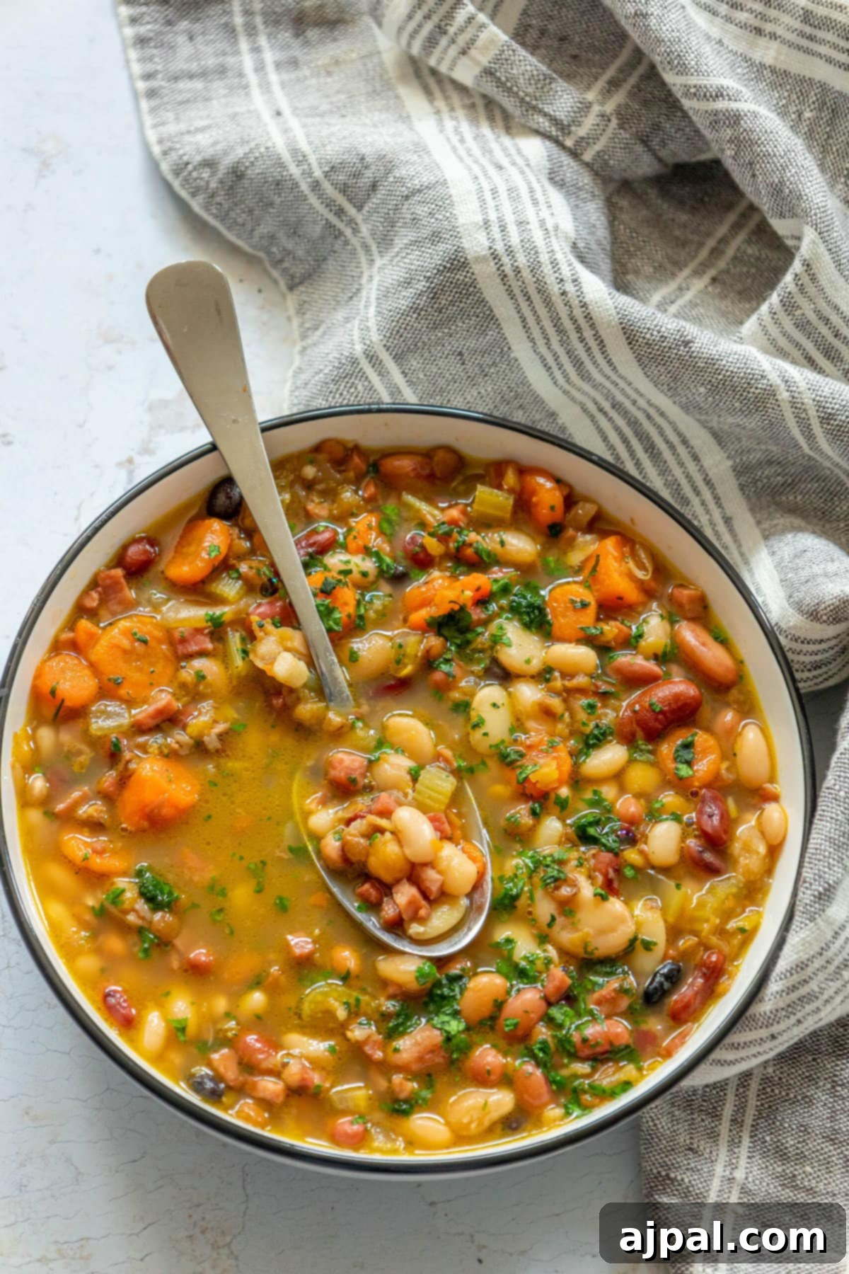 Smoked Ham and Bean Stew 3 A hearty bowl of ham and bean soup with a spoon.