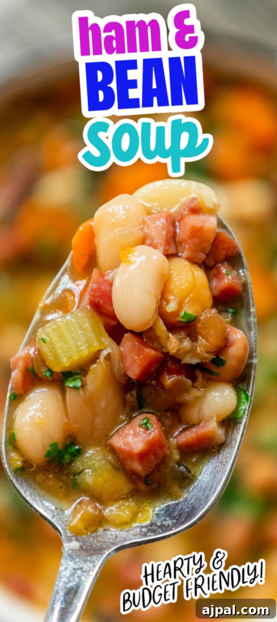 Smoked Ham and Bean Stew 13 picture of diced ham and bean soup on a spoon