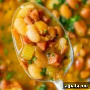 picture of diced ham and bean soup on a spoon