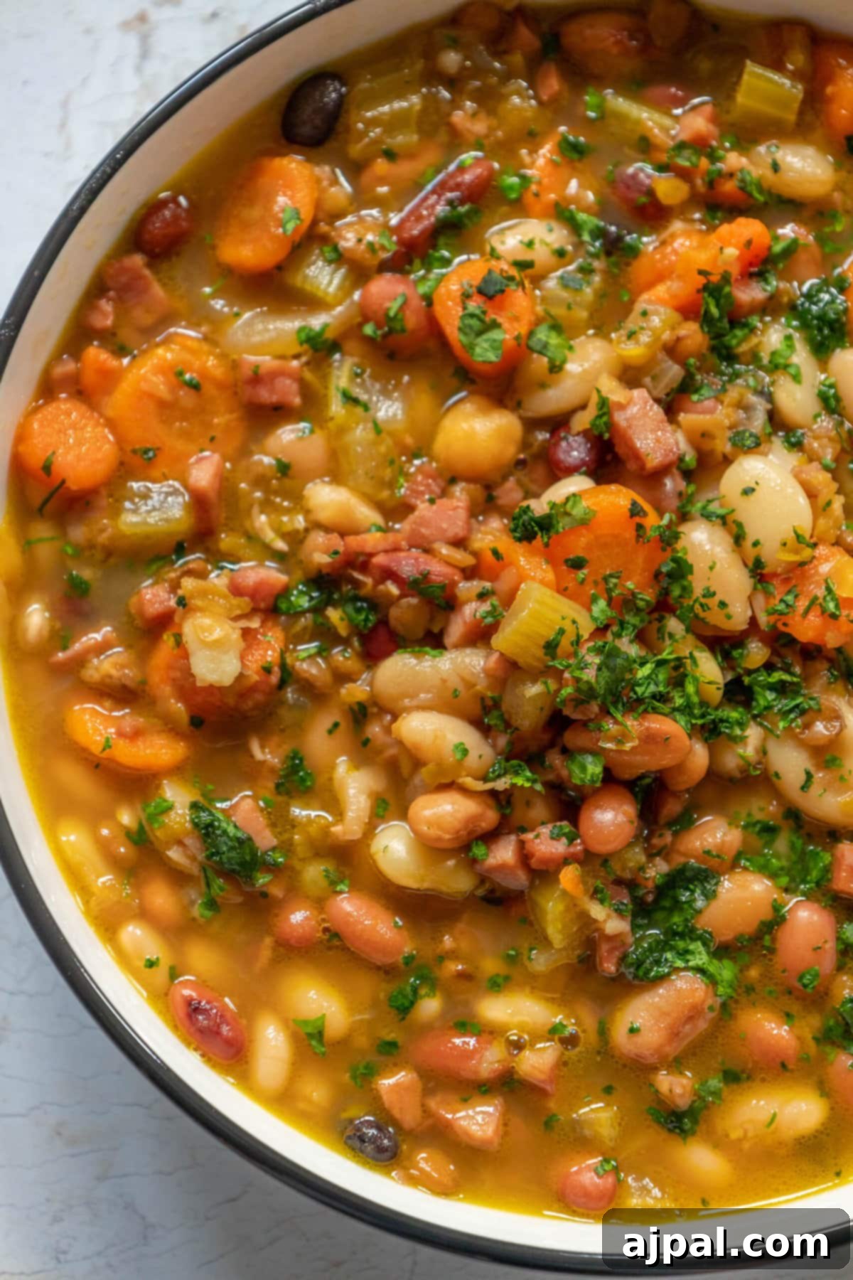 Smoked Ham and Bean Stew 4 picture of soup in a bowl with ham, beans, celery, and parsley on top