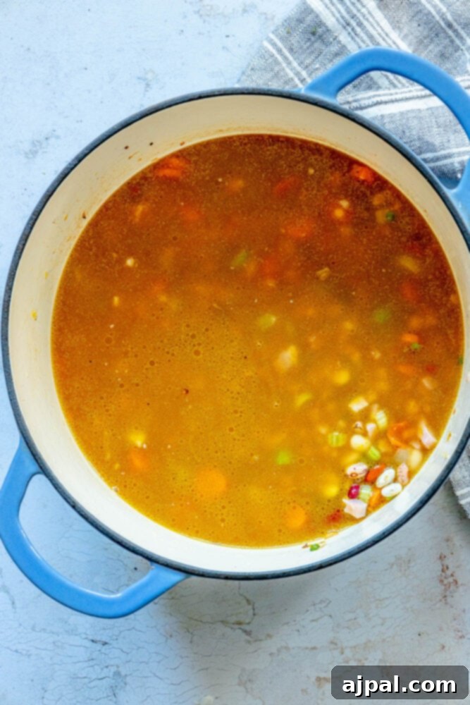 Smoked Ham and Bean Stew 9 picture of stock in dutch oven with beans and vegetables