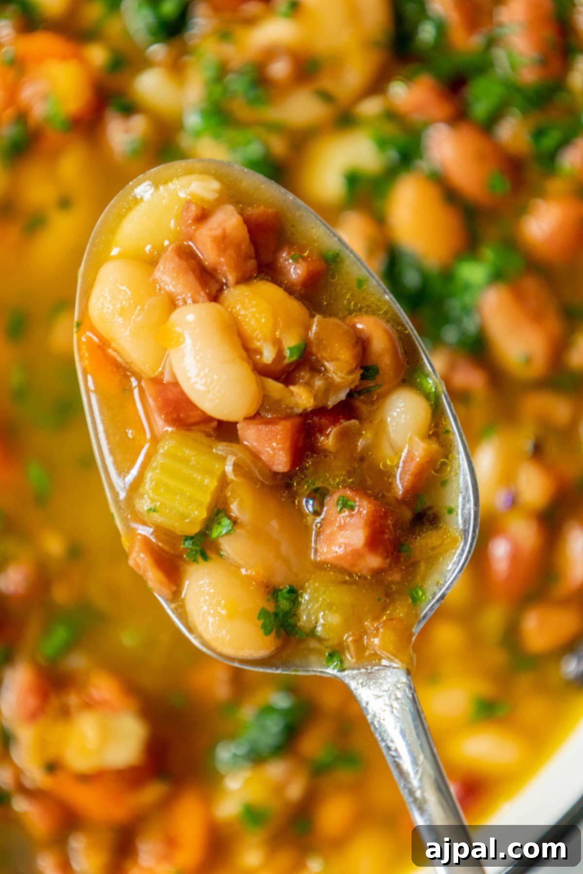 Smoked Ham and Bean Stew 10 picture of diced ham and bean soup on a spoon