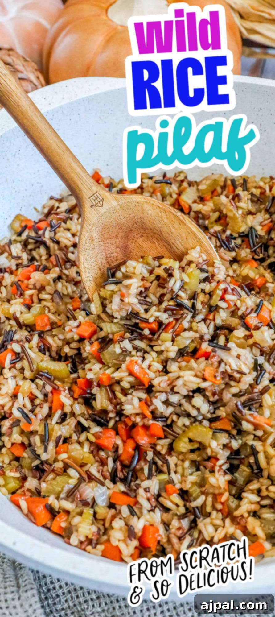 A large, rustic wild rice pilaf, lovingly made from scratch following a traditional recipe, promising a delectable and wholesome meal.