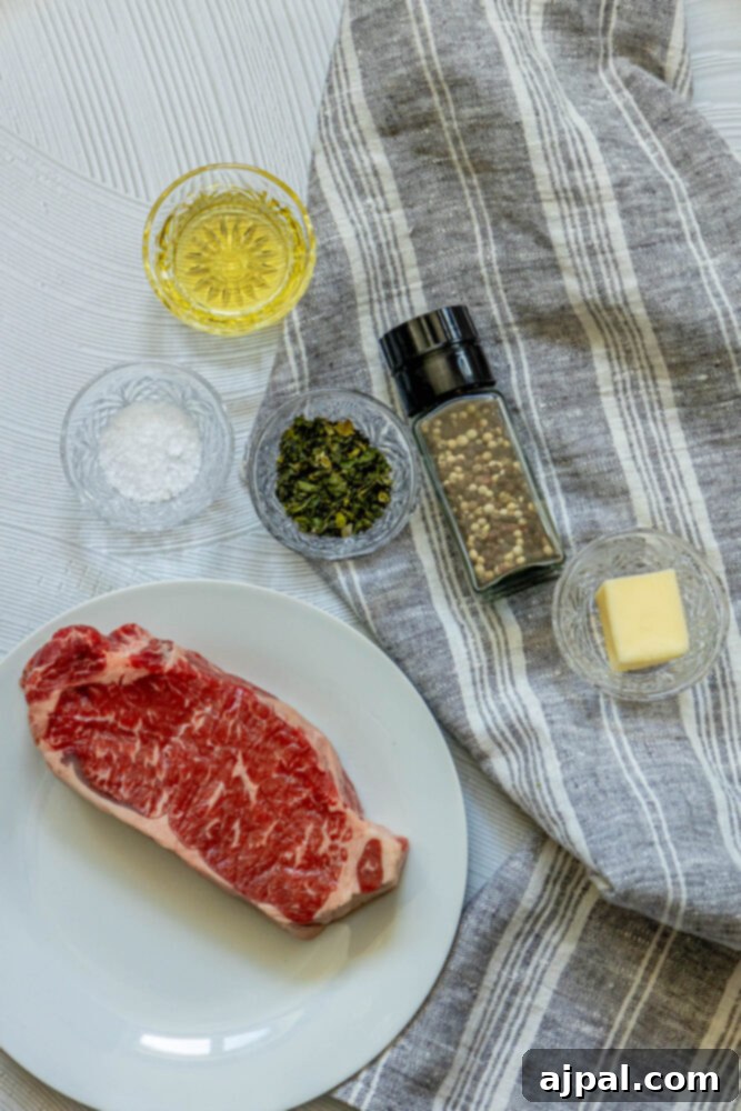 picture of a steak on a plate, pepper, herbs, oil, butter, and salt on a table