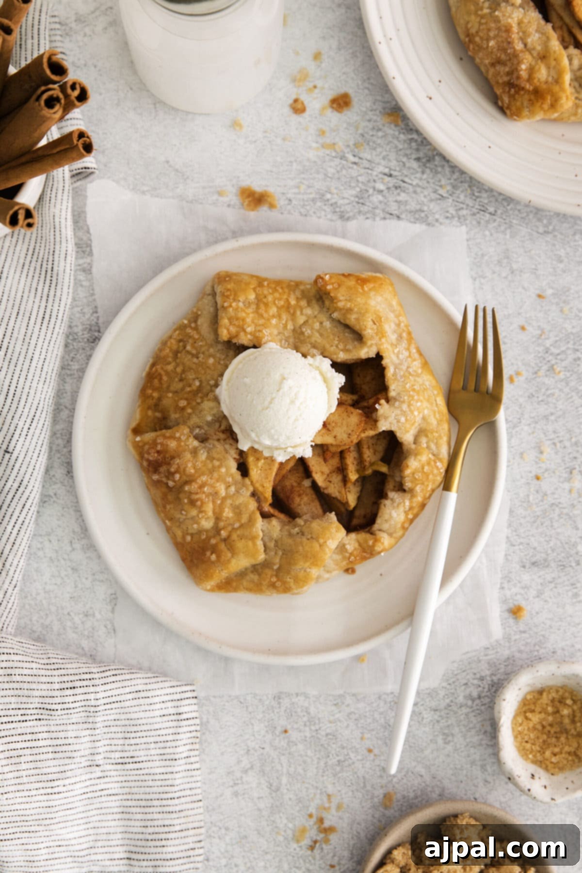 A beautifully baked apple galette on a plate, served with a scoop of vanilla ice cream and a fork, highlighting its rustic charm.