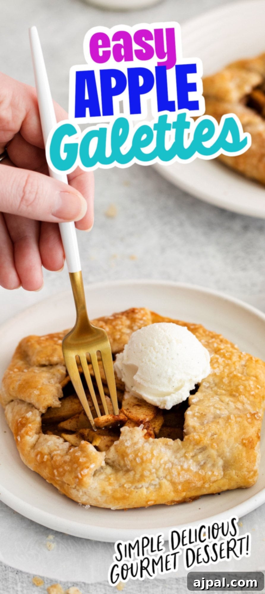 An easy apple galette recipe, served with a scoop of ice cream, showcasing a hand with a fork cutting into the dessert.