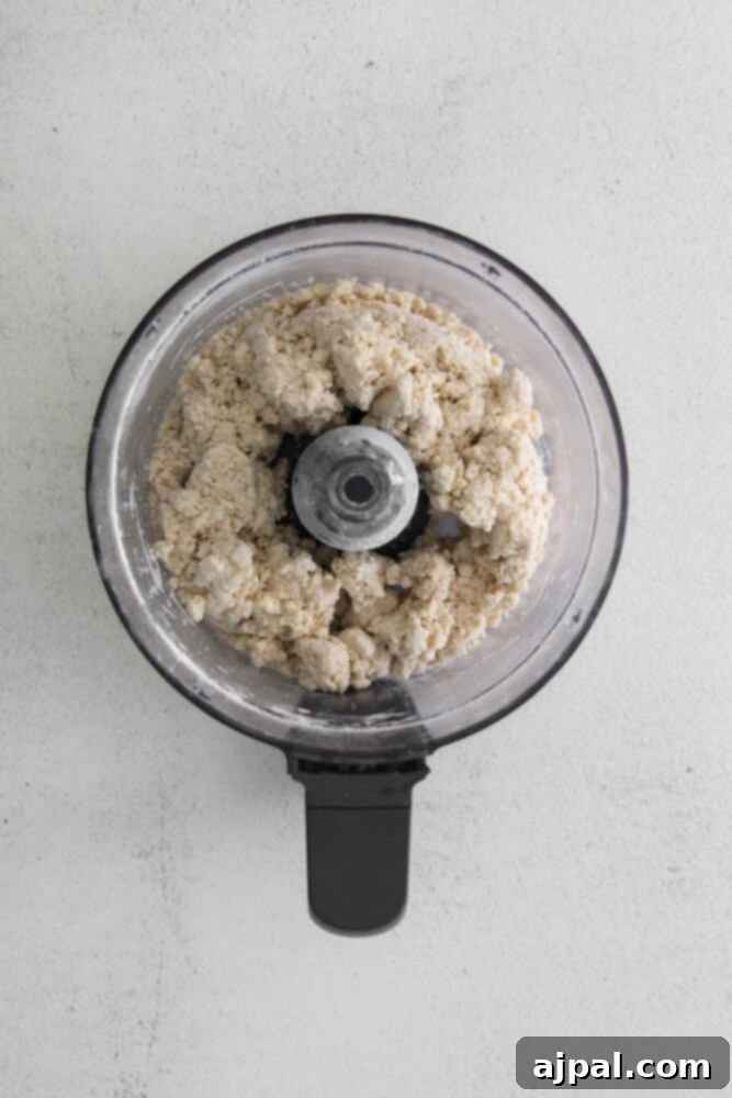 Processed flour and butter in a food processor, showing a coarse, pea-sized mixture for the galette dough.