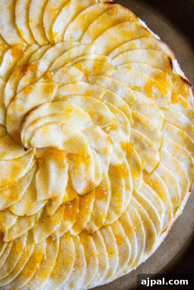 Simple Perfection: French Apple Tart 2 A beautifully baked French apple tart on a white plate, showcasing its golden crust and caramelized apple slices.