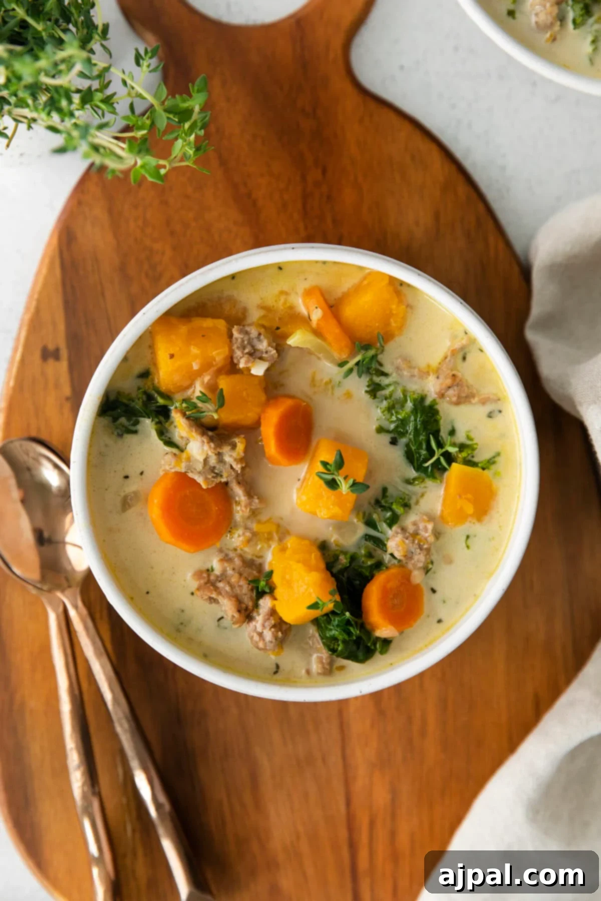 Autumn Harvest Turkey Chili 2 creamy turkey and butternut squash chili with carrots, thyme, kale, and peppers in a white bowl on a table