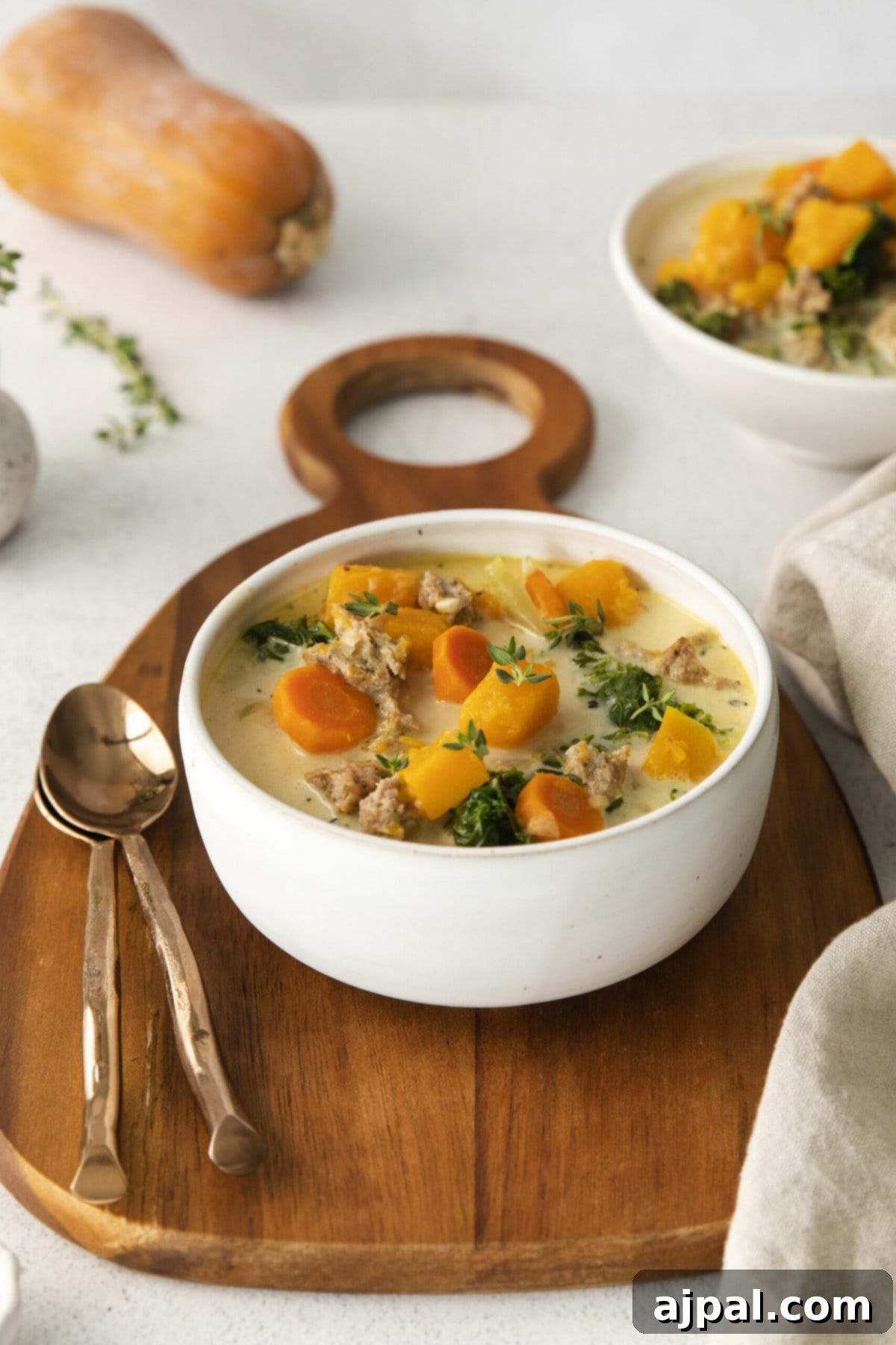 Autumn Harvest Turkey Chili 9 creamy turkey and butternut squash chili with carrots, thyme, kale, and peppers in a white bowl on a table