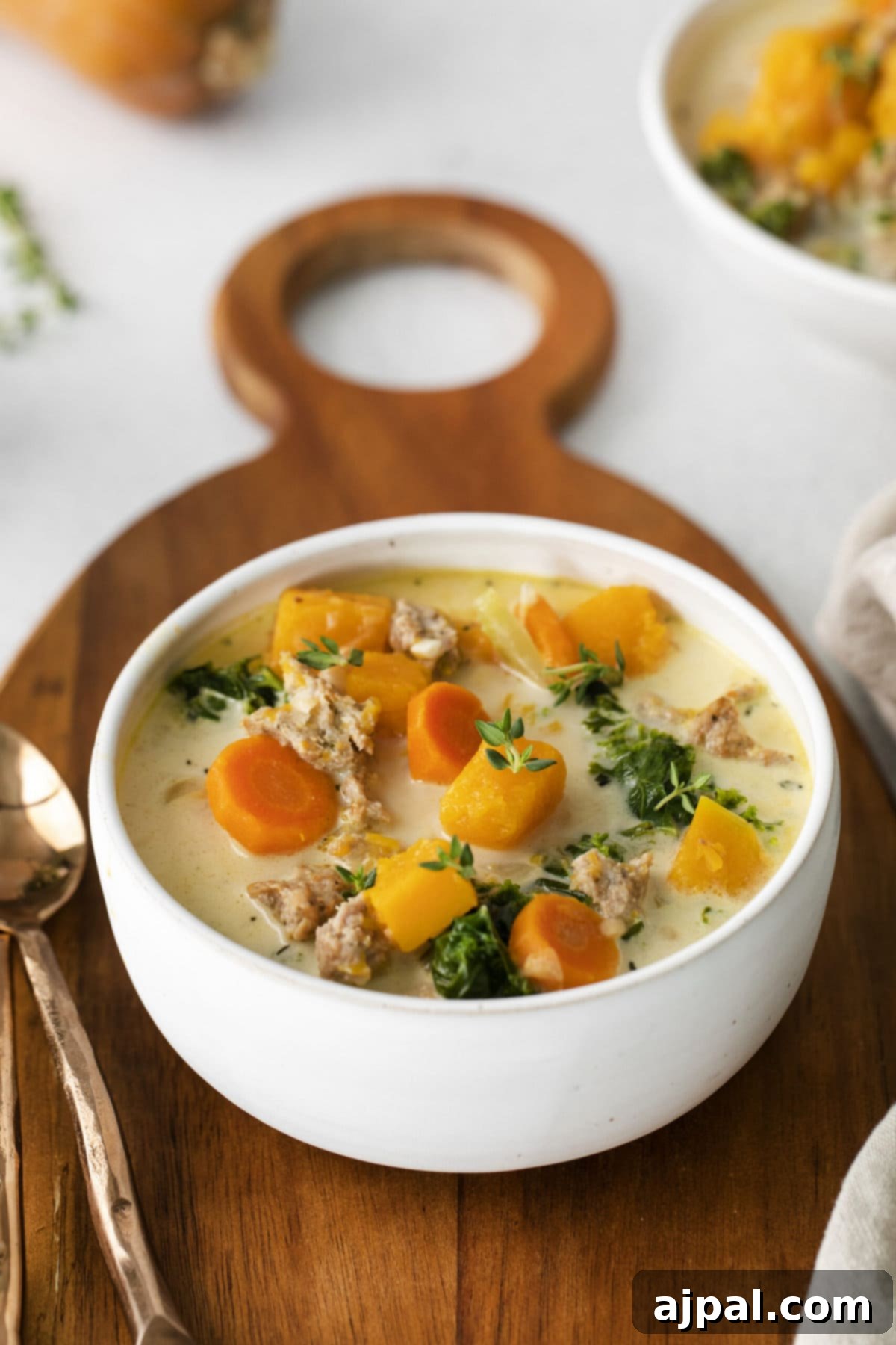 Autumn Harvest Turkey Chili 3 creamy turkey and butternut squash chili with carrots, thyme, kale, and peppers in a white bowl on a table