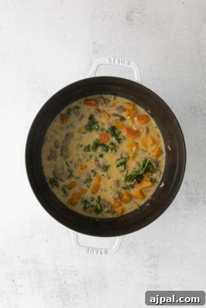 Autumn Harvest Turkey Chili 6 creamy turkey chili with sweet potatoes and vegetables in a large stock pot