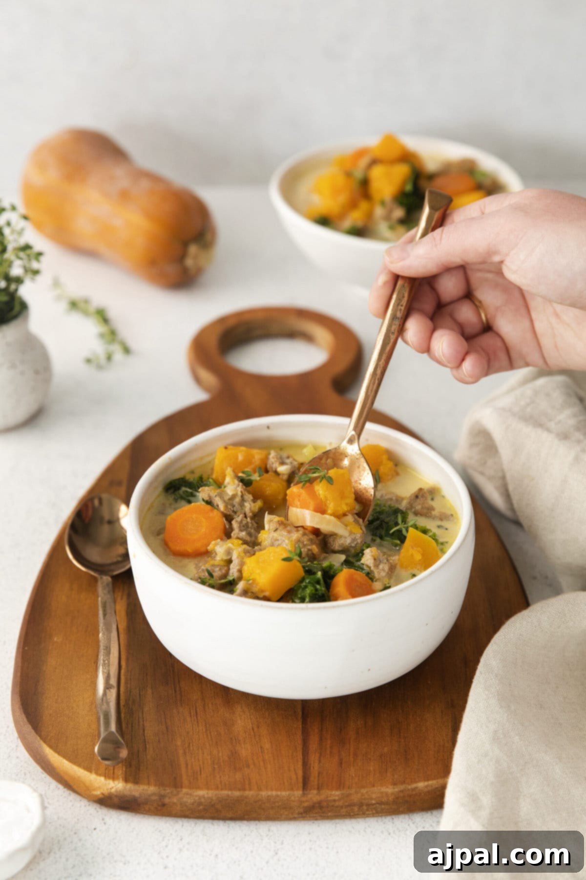 Autumn Harvest Turkey Chili 8 creamy turkey and butternut squash chili with carrots, thyme, kale, and peppers in a white bowl on a table