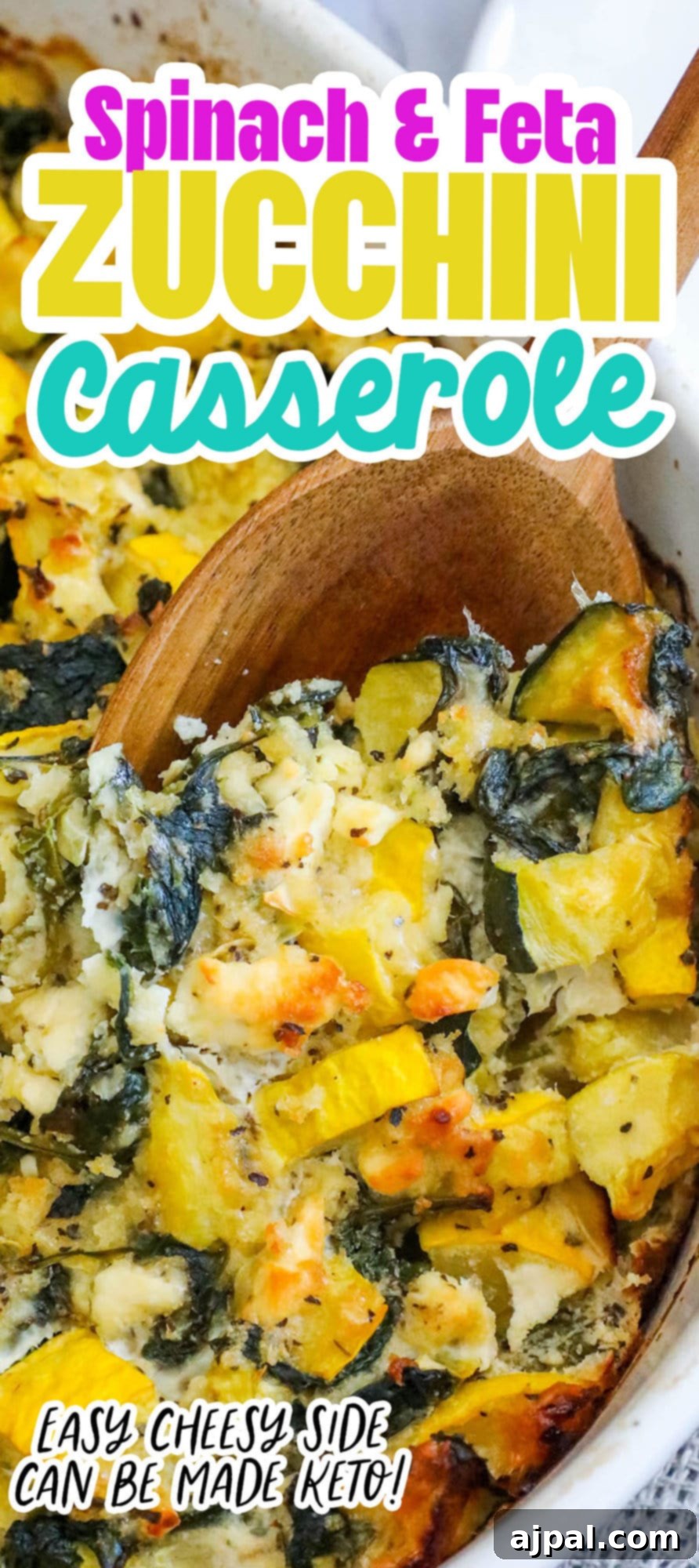 Green & Gold Feta Casserole 14 A spoon expertly scoops a portion of the savory spinach, zucchini, and feta casserole from a rustic white dish.