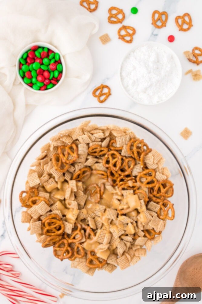 picture of mixed pretzels, chex, and peanut butter