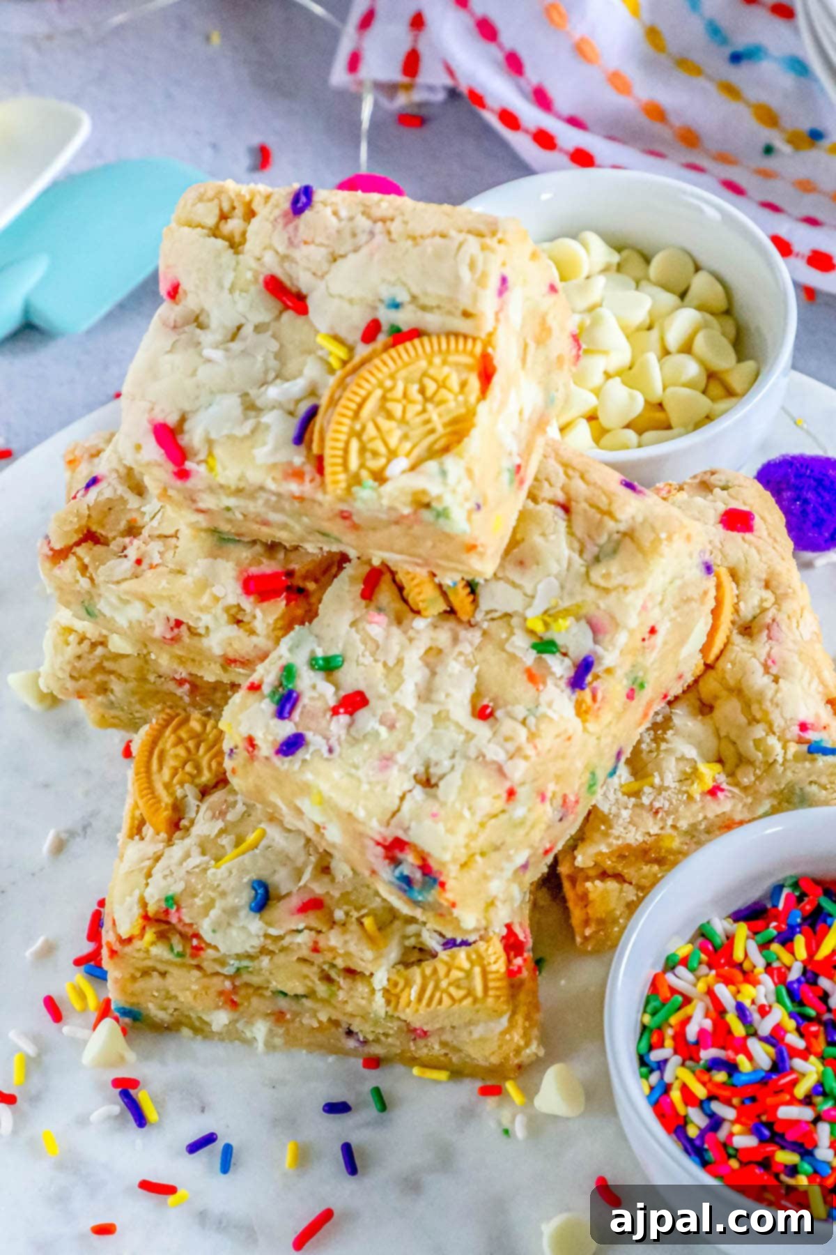 Chewy Funfetti Cookie Bars 12 plate of funfetti cookie bars with sprinkles and golden oreos