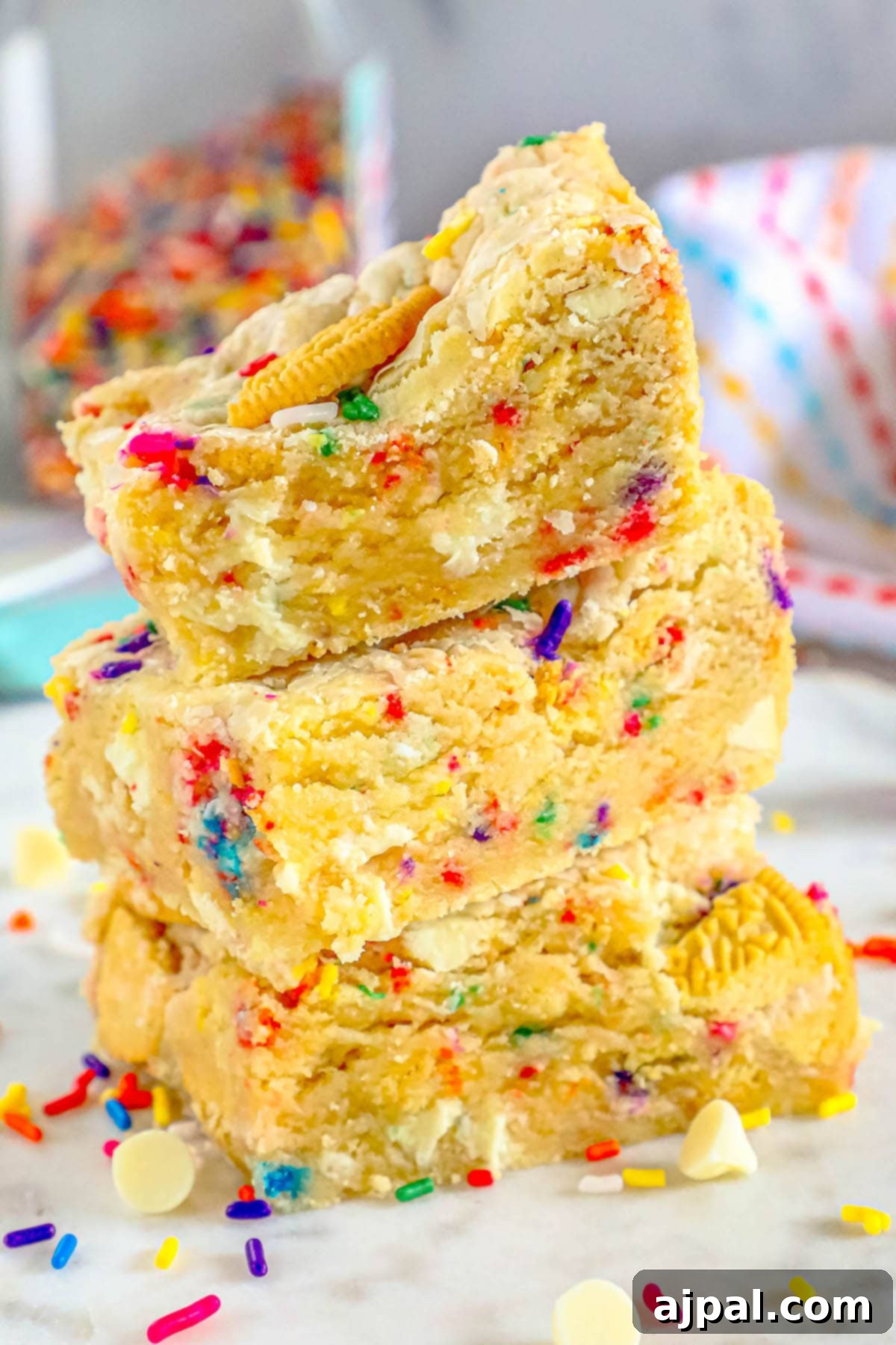 Chewy Funfetti Cookie Bars 13 Stacked funfetti cookie bars with golden oreos and sprinkles on a wooden table.
