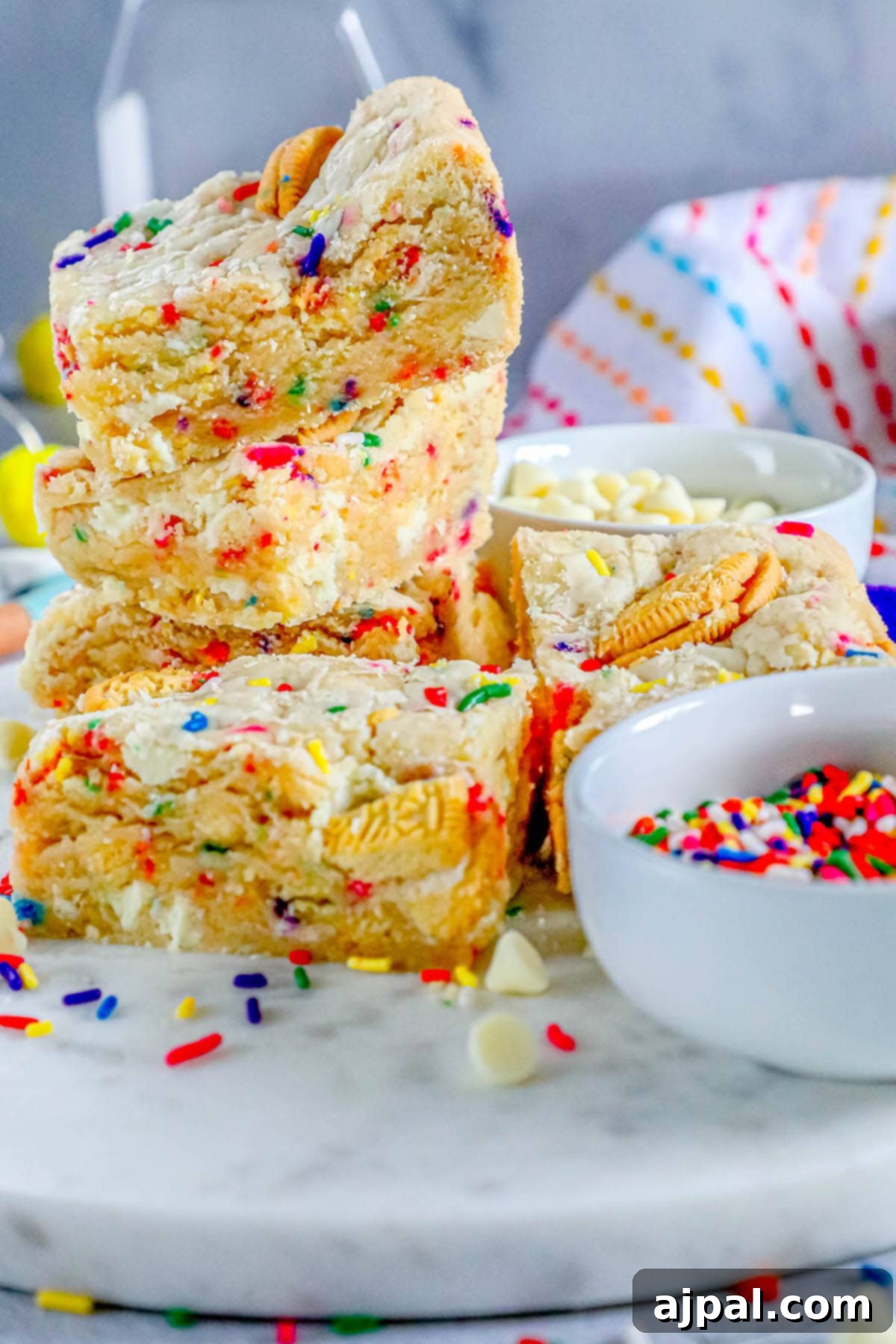 Chewy Funfetti Cookie Bars 4 close-up of funfetti cookie bars with golden oreos and sprinkles