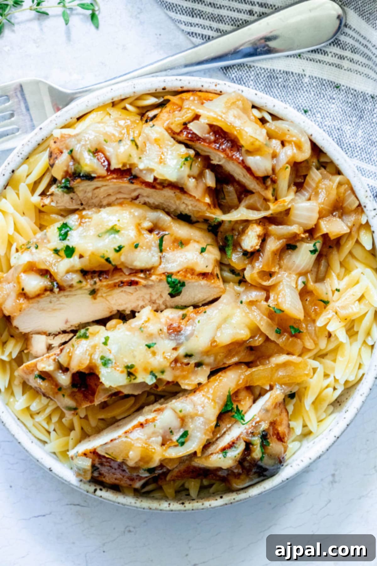 Classic French Onion Chicken Breasts 2 picture of chicken breast with melted cheese and browned french onions