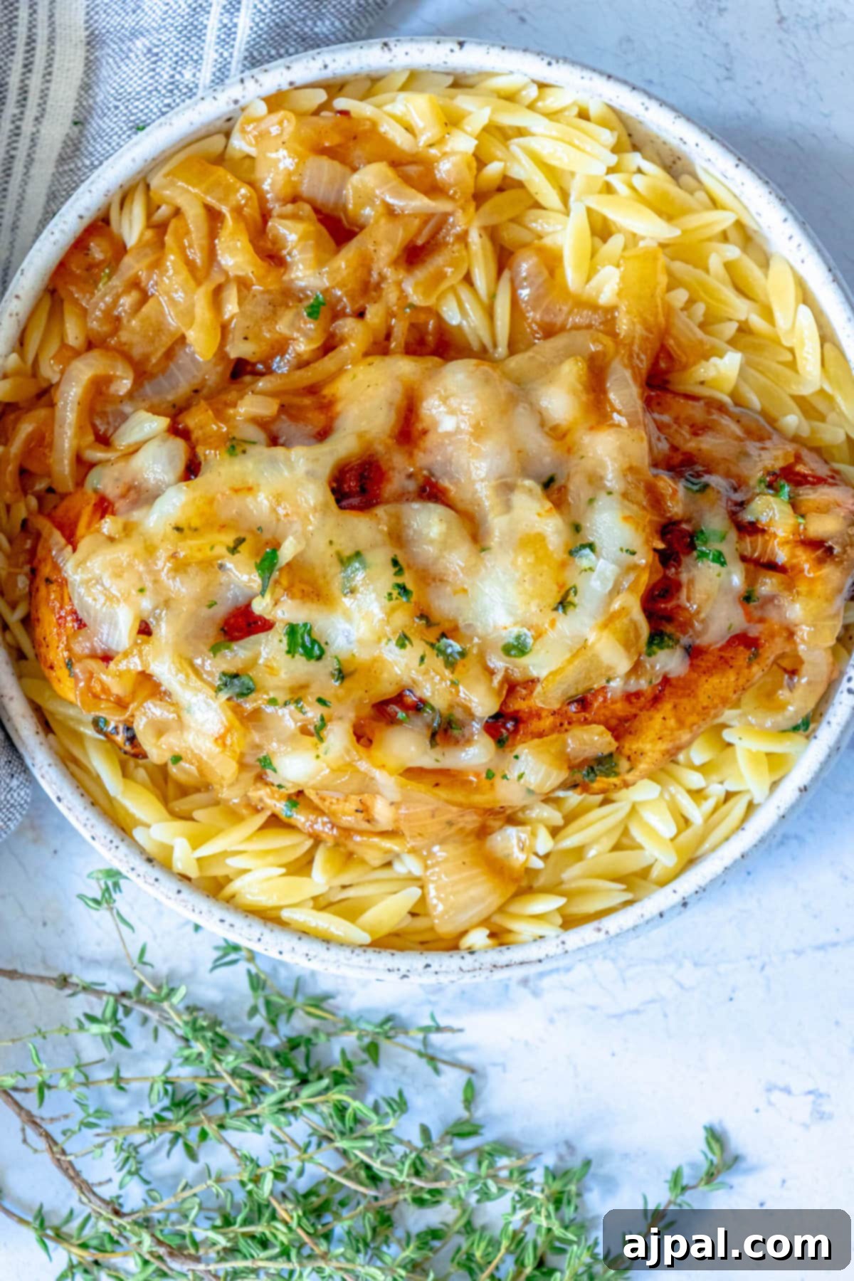 Classic French Onion Chicken Breasts 10 picture of chicken breast with melted cheese and browned french onions