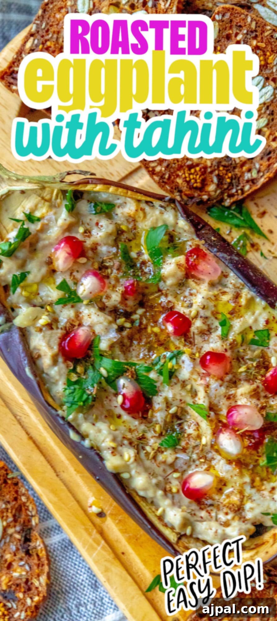 Vibrant Roasted Eggplant with Creamy Tahini and Pomegranate 10 picture of roasted eggplant with tahini and pomegranates and cilantro