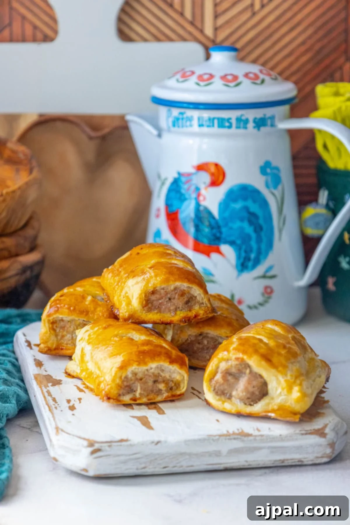 Classic English Sausage Rolls 2 Golden brown British sausage rolls on a white cutting board, with a charming rooster teapot in the background, set against a warm wooden backdrop.