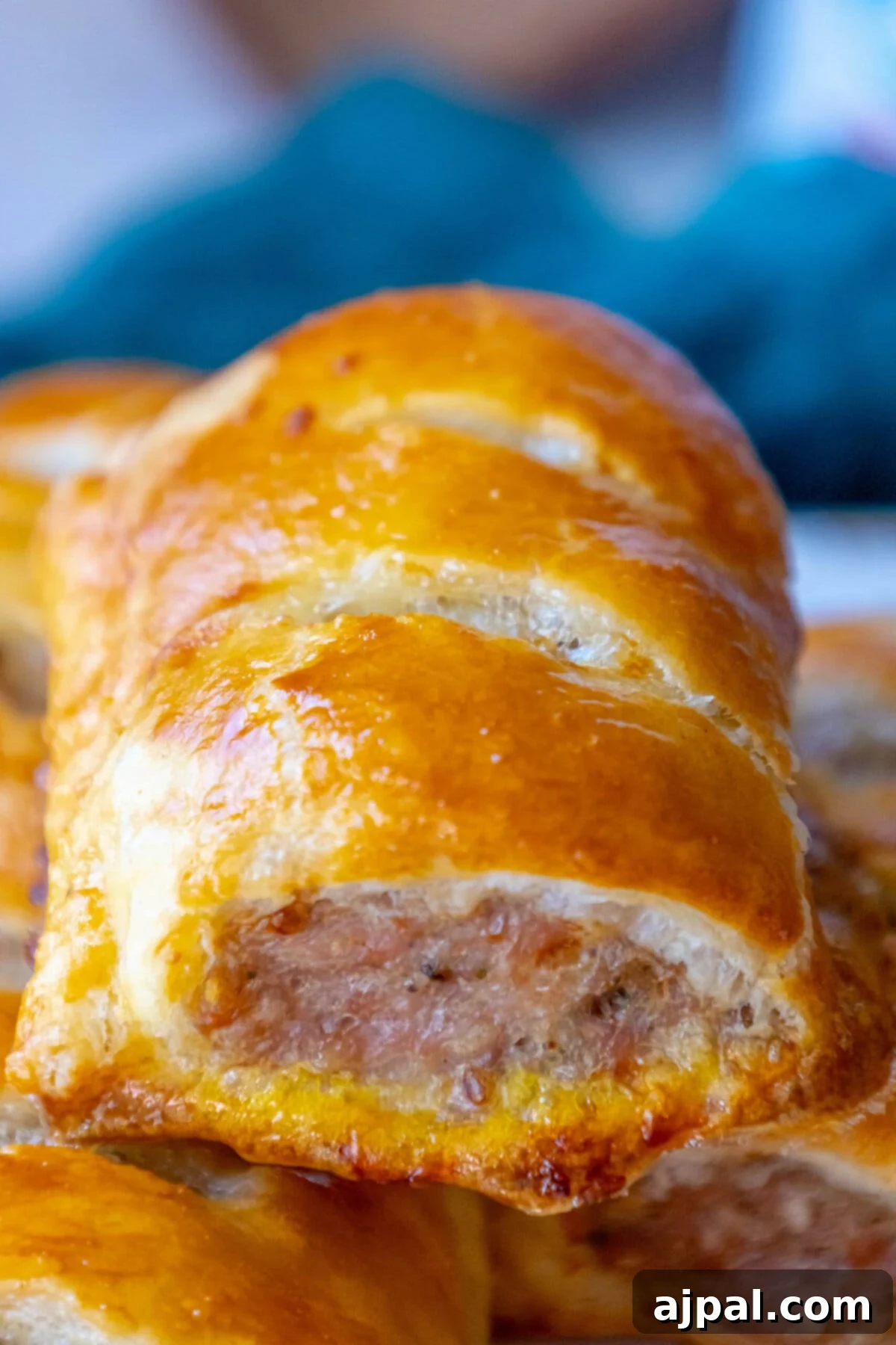 Classic English Sausage Rolls Recipe 11 Close-up of baked British sausage rolls with a blue kitchen towel visible in the background, highlighting their flaky texture and golden color.