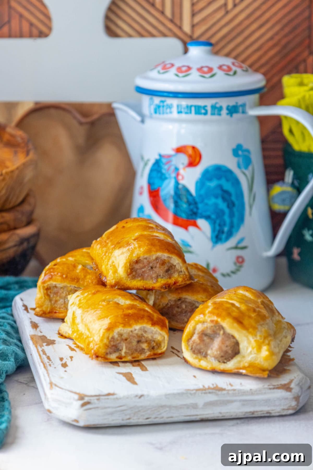 Classic English Sausage Rolls 12 Baked British sausage rolls presented on a white cutting board with a rooster teapot in the background, ready for serving.